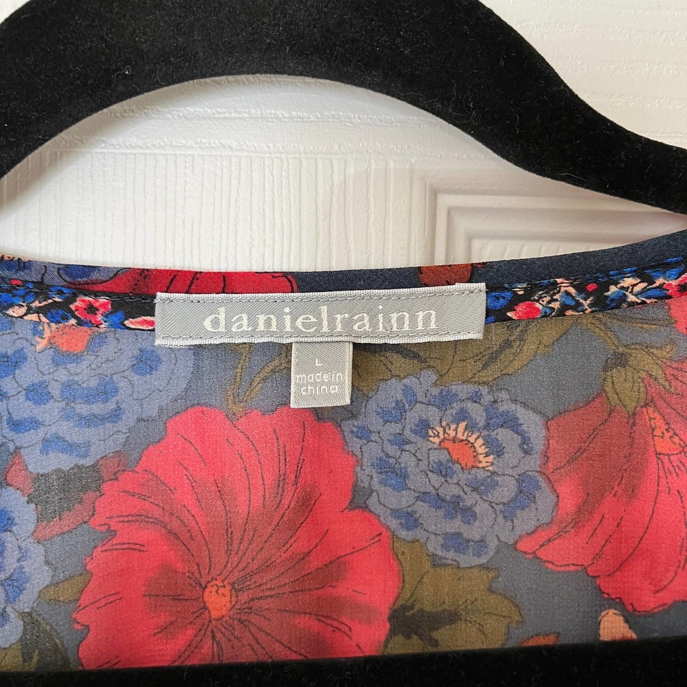 Anthropologie Navy Floral Peasant Blouse with Pink & Red Blossoms - Picture 2 of 6